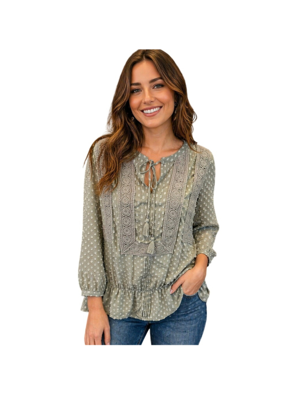 NWT textured green lace cinch wiast Dianne Gilman S career casual peasant top